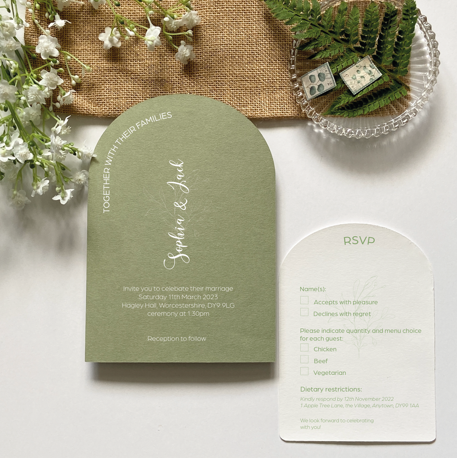 Bespoke wedding invitations, arched sage green custom wedding stationery UK. Letterpress wedding invites UK.