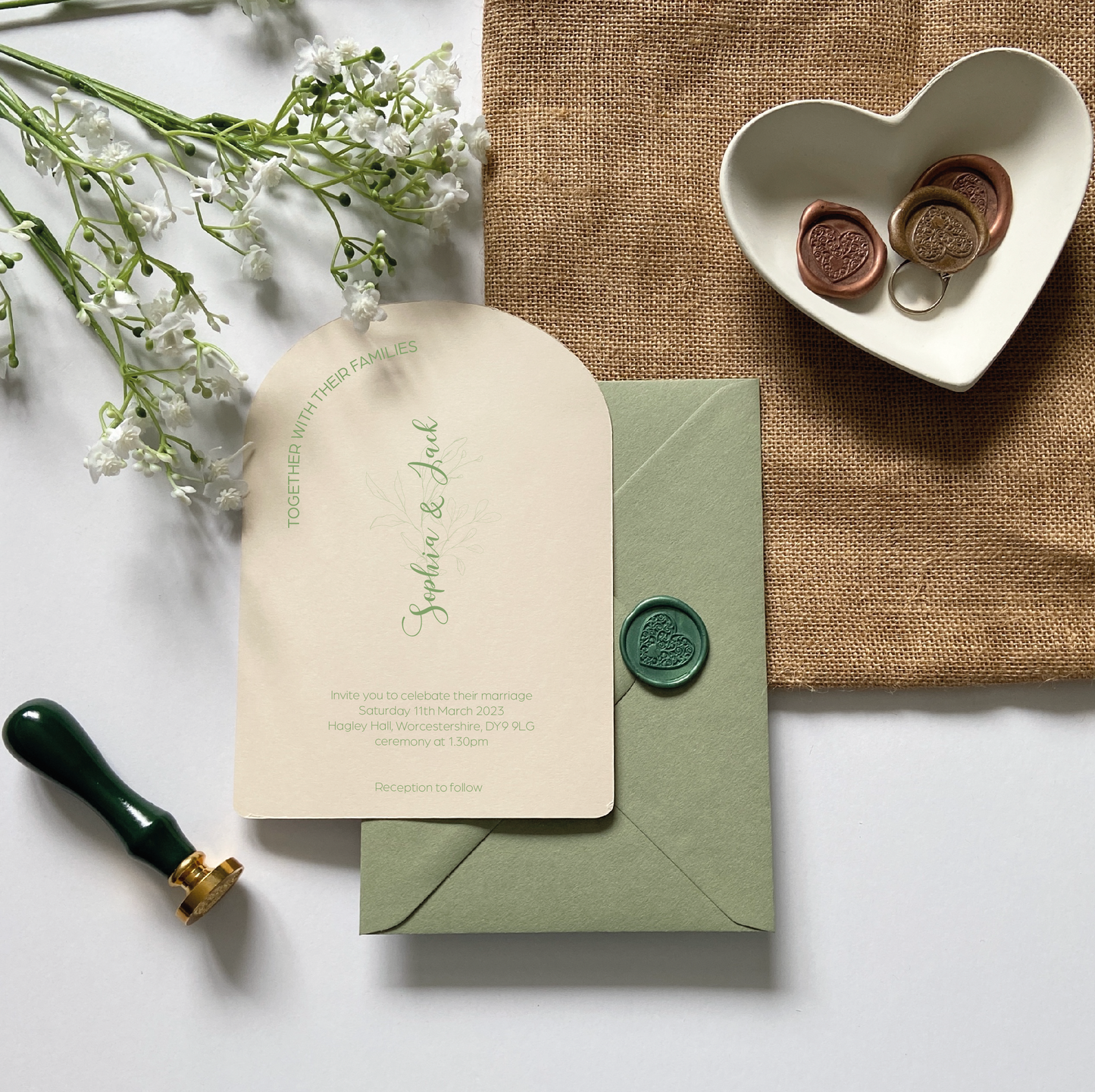 Arched sage green wedding invitations